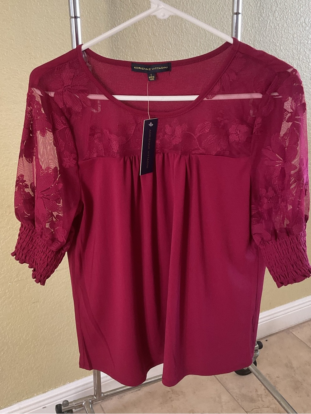 Adrienne Vittadini Lace-Sleeve Scoop Neck Top - Dark Pink